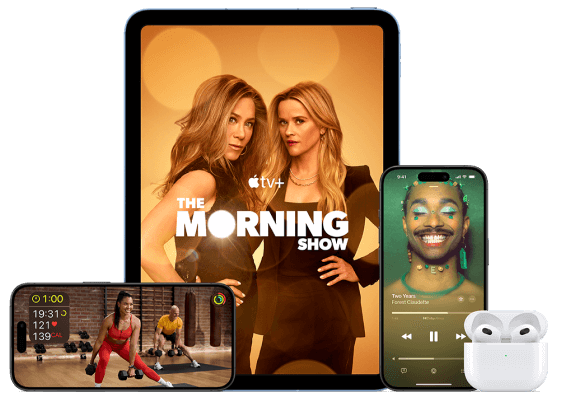 4 devices shown: an iPhone displaying an Apple Fitness+ studio class, an iPad showing an Apple TV+ show, an iPhone playing a song in the Apple Music app, and AirPods in their case.