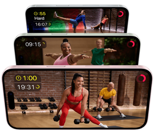 3 iPhone displaying Apple Fitness+ studio classes
