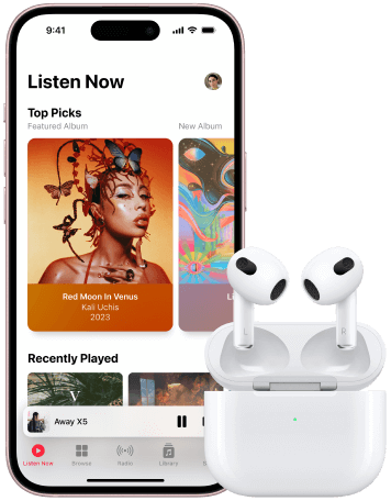 2 devices shown : an iPhone displaying Apple Music app, and Airpods positioned above their case