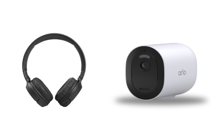 Headphones next to a home camera